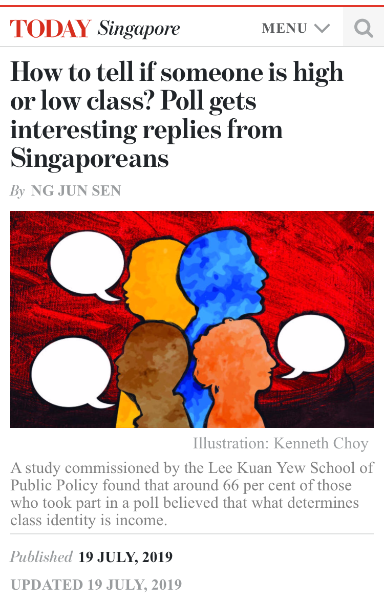 Screenshot of TODAYonline article on class perceptions. Retrieved July 16, 2019.